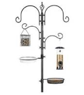 Black metal bird feeder stand with multiple hanging spots and trays.