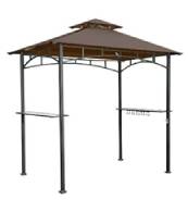 Outdoor gazebo with metal frame and roof.