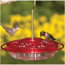 Two hummingbirds feeding from a red feeder against a yellow floral background.