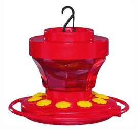 Red hummingbird feeder with yellow feeding ports and a hook for hanging.