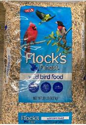 Bag of Flock's Finest wild bird food with colorful bird illustrations.