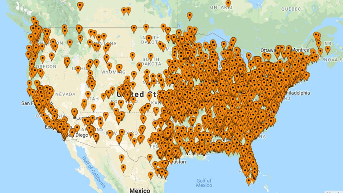 Map densely covered with location pins across the US and parts of Mexico and Canada.