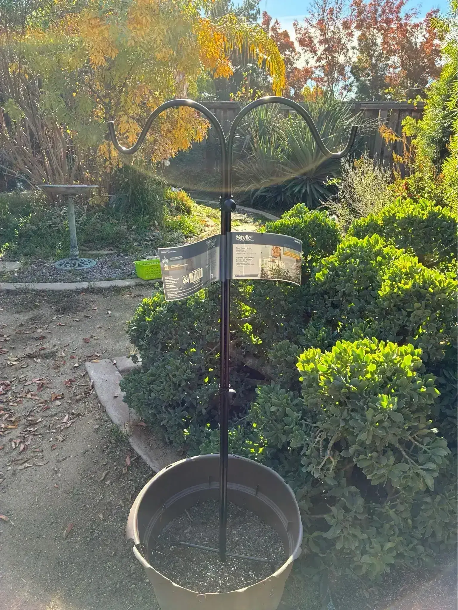 Metal garden shepherd's hook in planter